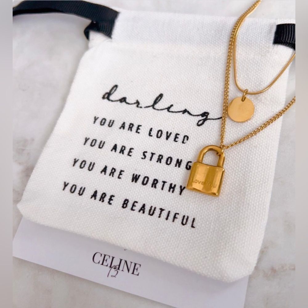 CELINE13 Women’s Lock Charm Layered Necklace‎ Stainless Steel Pouch Included